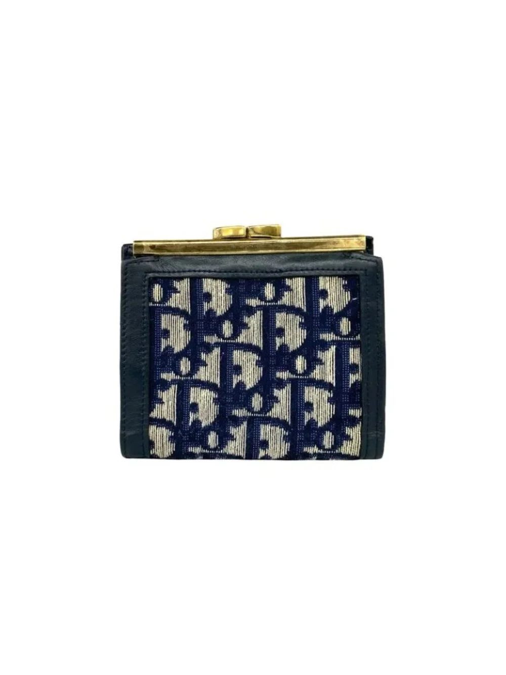 Dior Trotter Canvas Leather Clasp Bifold Wallet Compact Navy - Picture 2 of 10